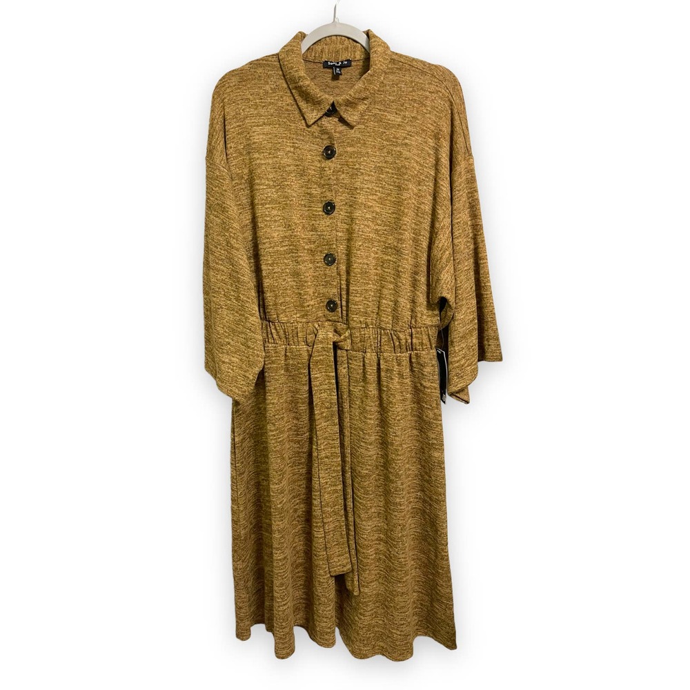 Sami & Jo Heathered Brown Tan Gold Drop Sleeve Elastic Waist Collar Dress Sz 2X